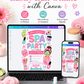 Girls spa birthday invitation featuring a pink robe, face mask, cucumber eye pads, nail polish, slippers, flowers and spa party graphics.
