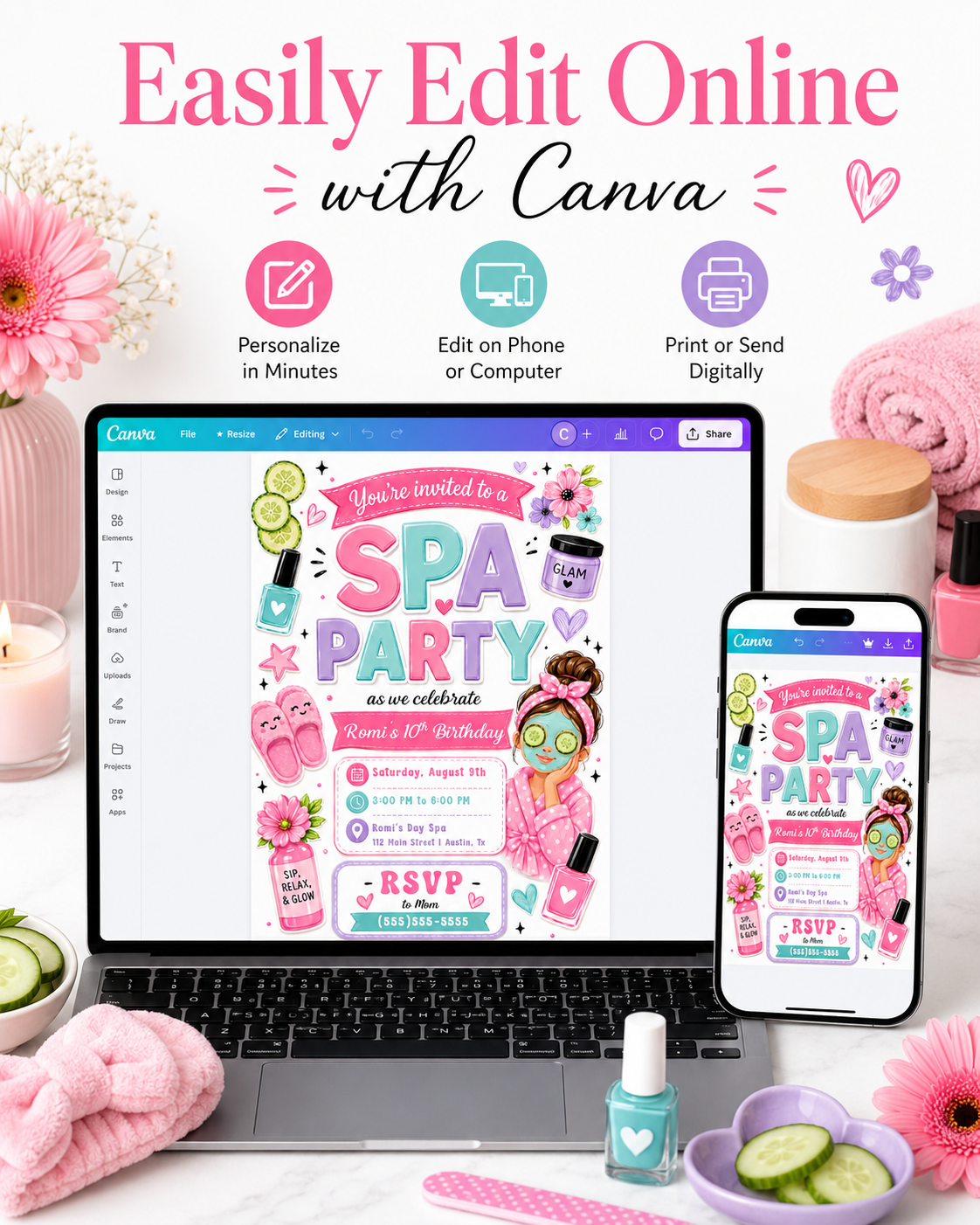 Girls spa birthday invitation featuring a pink robe, face mask, cucumber eye pads, nail polish, slippers, flowers and spa party graphics.

