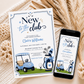 Editable new to the club golf baby shower invitation Canva template with blue golf cart, navy golf bag with bow, crossed clubs, corner pennants, and navy and sky blue typography on a white background