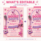 Double Digits Era 10th birthday invitation in pink and purple featuring a disco ball, microphone, roller skate, cassette tape, hearts and stars.
