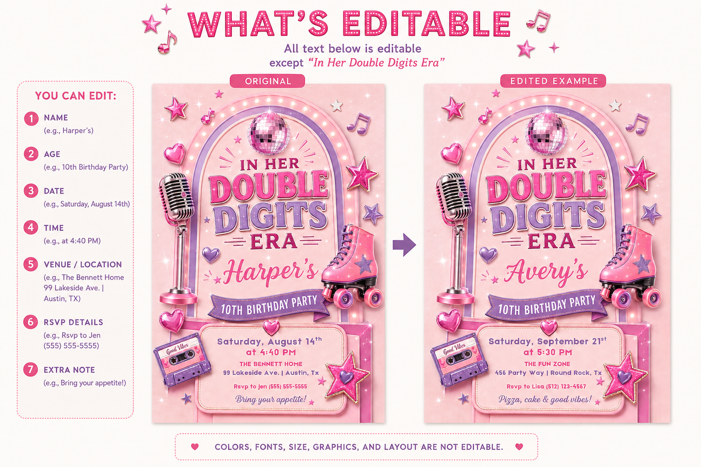 Double Digits Era 10th birthday invitation in pink and purple featuring a disco ball, microphone, roller skate, cassette tape, hearts and stars.
