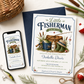 Little fisherman baby shower invitation with fishing gear, a creel basket, and green boots in navy and green