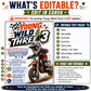 Young wild and three motocross invitation with dirt bike rider, checkered flags, racing helmet, muddy tire splashes, stars, lightning accents, and bold boys 3rd birthday details