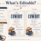 Editable Western cowboy baby shower invitation Canva template with illustrated cowboy hat, denim boots, horseshoe, bandana, lasso rope, and bold navy distressed typography on a warm cream background with Western border