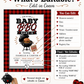 Buffalo plaid BBQ baby shower invitation with a grill and burger in red, black, and white