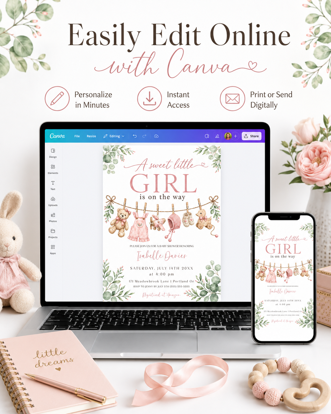 Sweet little girl baby shower invitation with hanging baby clothes, a teddy bear, and greenery in soft pink and sage