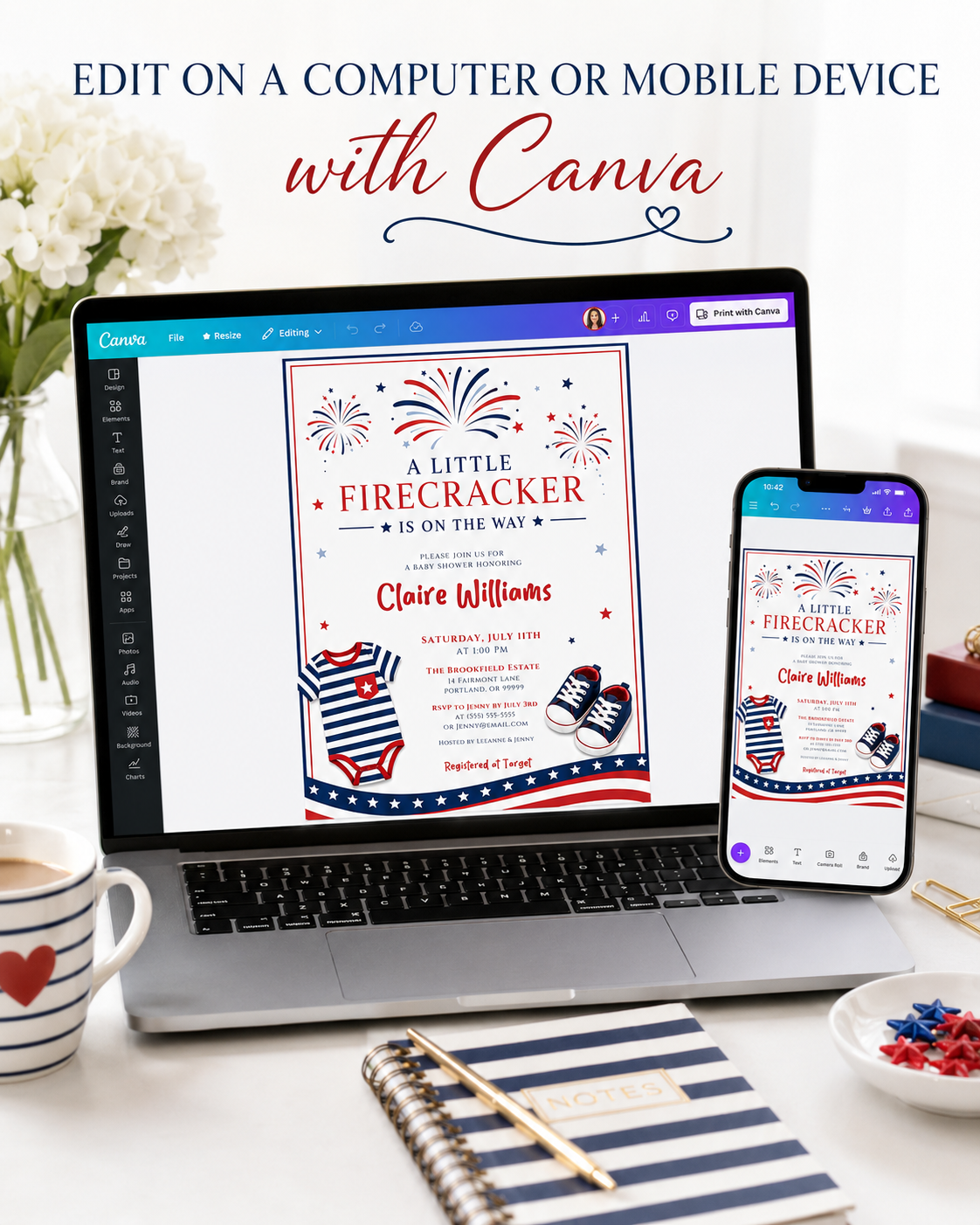 Editable firecracker baby shower invitation Canva template with illustrated fireworks, striped navy onesie, red and navy sneakers, stars and stripes banner, and bold patriotic typography on a white background