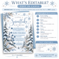 Winter baby shower invitation with blue snowflakes, snow-covered evergreen trees, frosted foliage, and A Little Snowflake Is on the Way wording on white