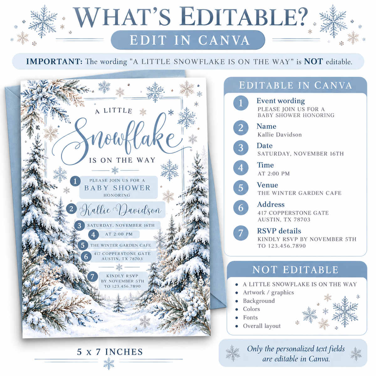 Winter baby shower invitation with blue snowflakes, snow-covered evergreen trees, frosted foliage, and A Little Snowflake Is on the Way wording on white
