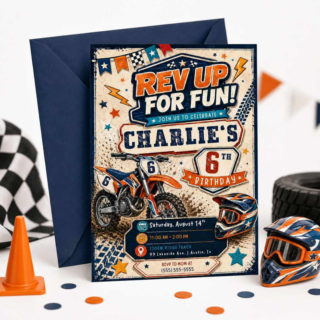 A customized motocross birthday invitation card for a boys birthday, displayed with a navy blue envelope. The card features a retro-style design with orange, blue, and cream colors, complete with illustrations of a dirt bike, a helmet, goggles, and racing elements.