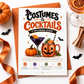 Costumes and Cocktails Halloween invitation with purple cocktail, jack-o-lantern copper mug, pumpkin, orange slices, bats, greenery, and adult Halloween party details