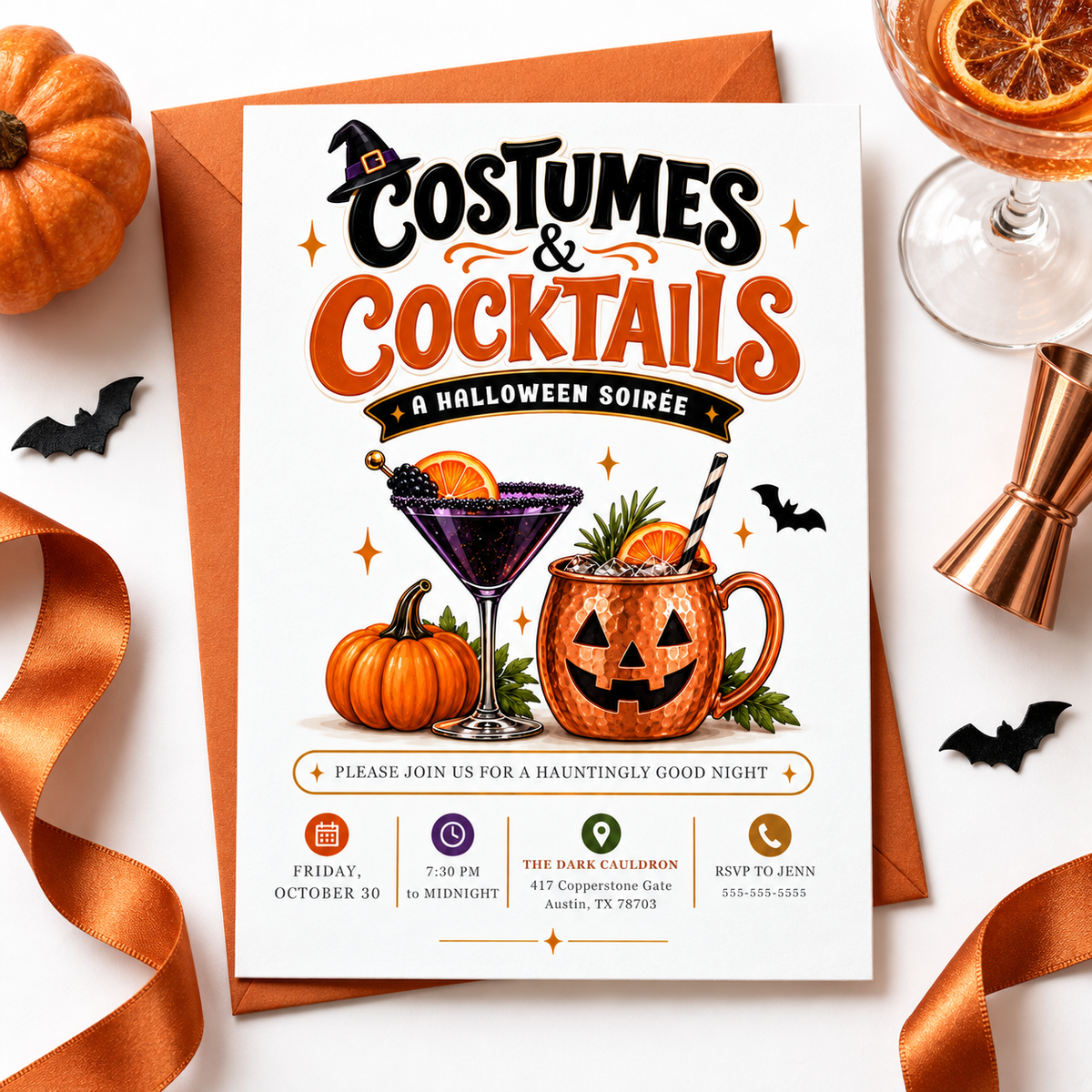 Costumes and Cocktails Halloween invitation with purple cocktail, jack-o-lantern copper mug, pumpkin, orange slices, bats, greenery, and adult Halloween party details
