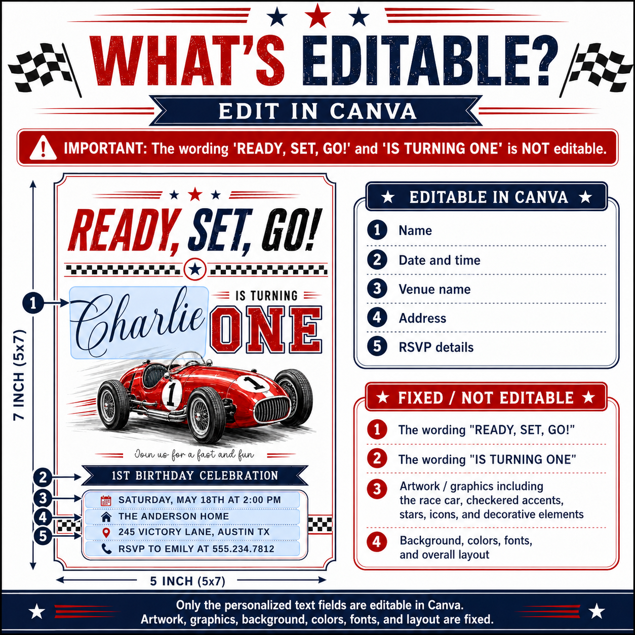 Race car first birthday invitation with red vintage race car, checkered flags, varsity ONE lettering, racing stripes, stars, and bold boys 1st birthday details