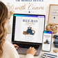 Blue jean baby shower invitation with denim overalls, brown boots, and a lasso in denim blue and caramel