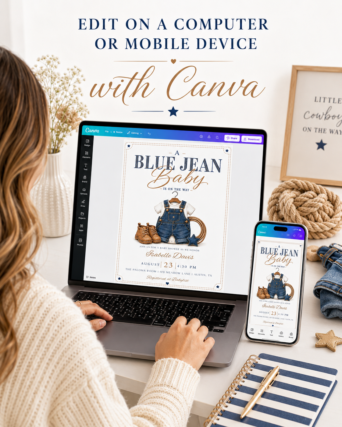 Blue jean baby shower invitation with denim overalls, brown boots, and a lasso in denim blue and caramel