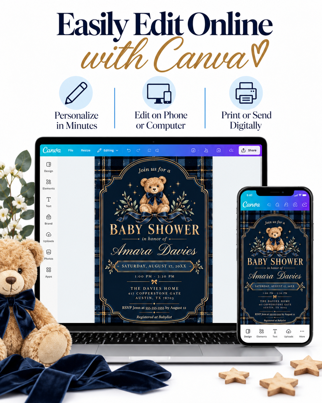 Teddy bear baby shower invitation with a brown bear wearing a navy bow, blue plaid border, gold lettering, stars, and greenery on a dark navy background