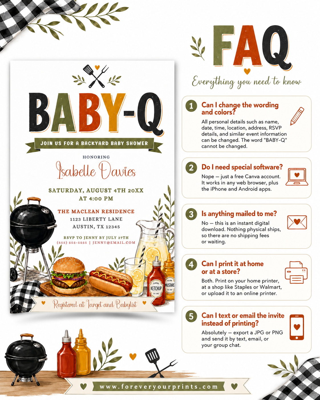 BBQ baby shower invitation with a backyard cookout theme in olive green, mustard, and rust orange