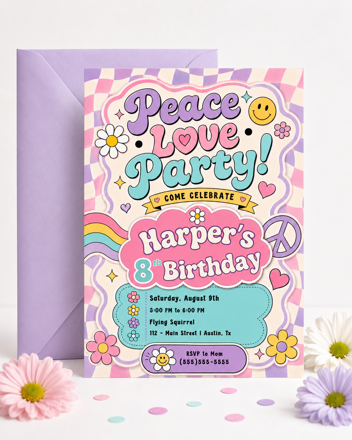 Peace love party birthday invitation with pastel checkerboard, rainbow waves, flowers, hearts, smiley faces, and peace sign retro details