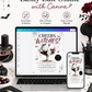 Cheers Witches Halloween party invitation with glamorous ghost in coupe glass, dark red cocktail, cherries, bats, spiderwebs, and adult Halloween party details