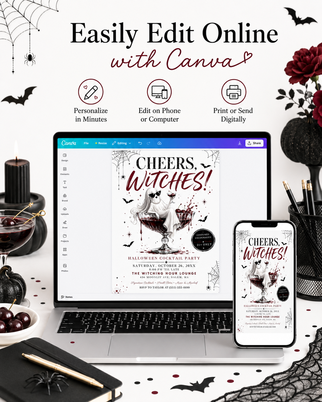 Cheers Witches Halloween party invitation with glamorous ghost in coupe glass, dark red cocktail, cherries, bats, spiderwebs, and adult Halloween party details