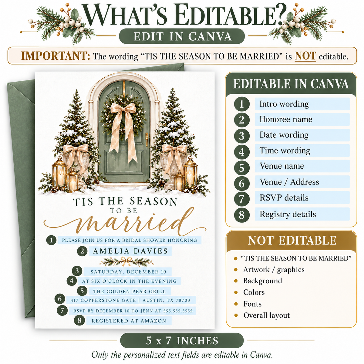 Winter bridal shower invitation featuring a sage green door, Christmas wreath, ivory bows, and Tis the Season to Be Married text