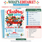 Christmas toy drive invitation with a red wagon filled with wrapped gifts, teddy bear, toy fire truck, colorful lights and festive holiday greenery