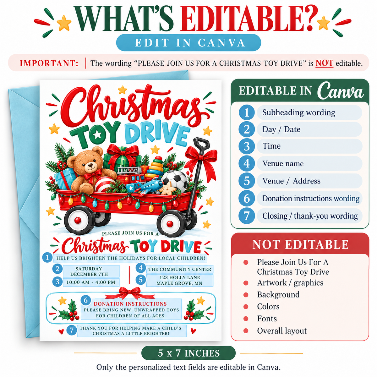 Christmas toy drive invitation with a red wagon filled with wrapped gifts, teddy bear, toy fire truck, colorful lights and festive holiday greenery