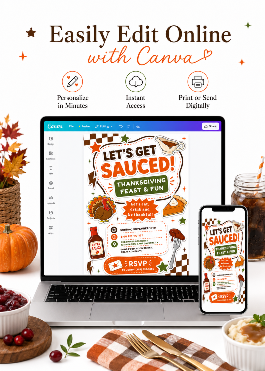 Thanksgiving party invitation with Let’s Get Sauced headline, cartoon turkey, pumpkin pie, gravy boat, sauce bottle, and orange and green fall details
