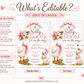 Editable silly goose baby shower invitation Canva template with illustrated mama goose in straw hat and polka dot bow, baby gosling with pink ruffle bow, wildflowers, and satin pink bow frame on a white background