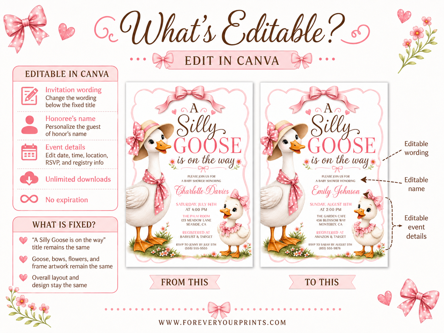 Editable silly goose baby shower invitation Canva template with illustrated mama goose in straw hat and polka dot bow, baby gosling with pink ruffle bow, wildflowers, and satin pink bow frame on a white background