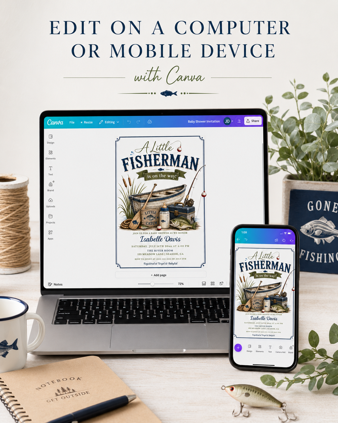 Fishing baby shower invitation with a rowboat, tackle box, and bass fish in navy and green