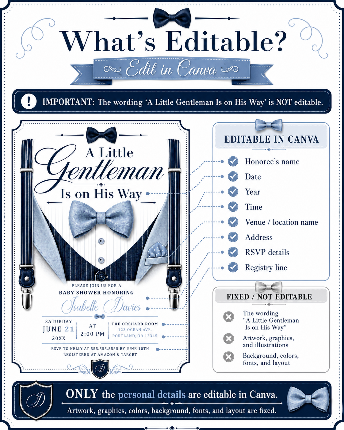 Little gentleman baby shower invitation with navy suspenders, blue bow tie, pinstripe vest, pocket square, buttons, and elegant baby boy shower details