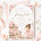 Fairy first birthday invitation with pink fairy, mushroom cottage, butterflies, flowers, bunny, and whimsical woodland birthday party details