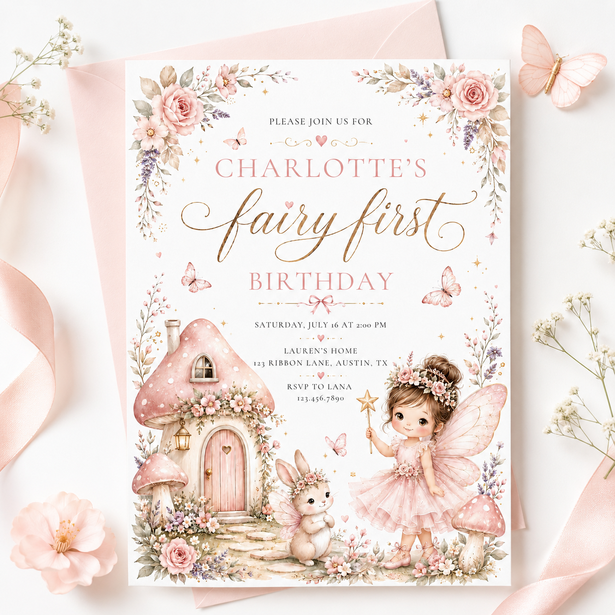 Fairy first birthday invitation with pink fairy, mushroom cottage, butterflies, flowers, bunny, and whimsical woodland birthday party details