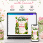 Big dill birthday invitation with cute pickle characters, party hats, balloons, pink bows, pickle jar, flowers, greenery, and green pink party details