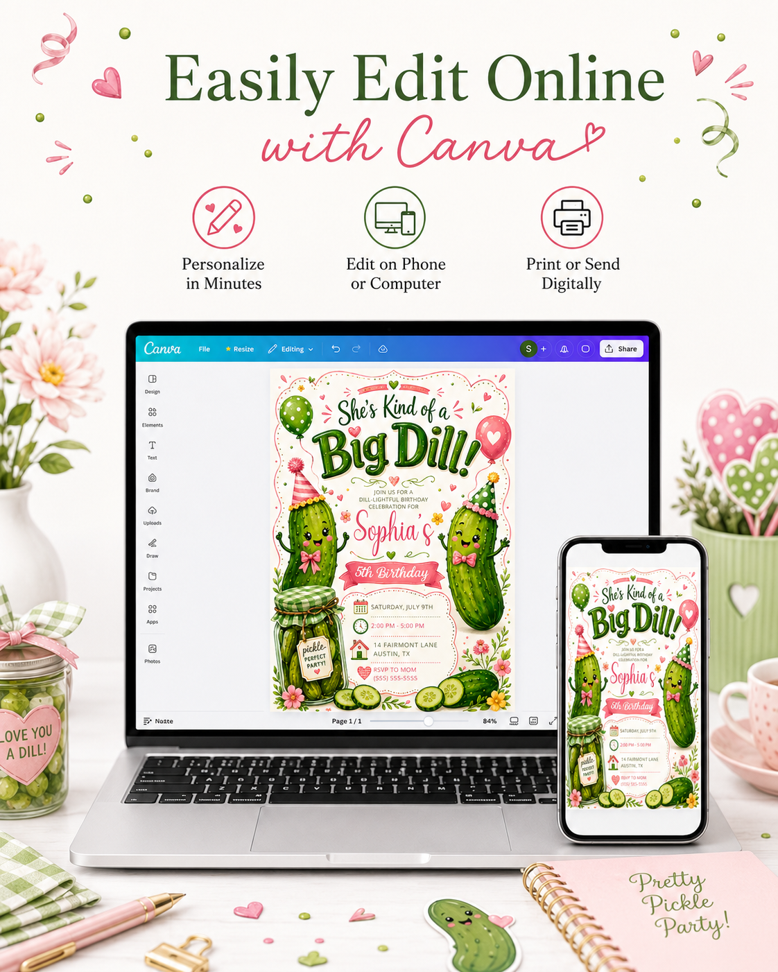 Big dill birthday invitation with cute pickle characters, party hats, balloons, pink bows, pickle jar, flowers, greenery, and green pink party details