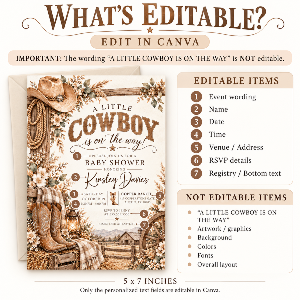Cowboy baby shower invitation with western boots, cowboy hat, rope, lantern, rustic barn, wagon wheel, and neutral florals in brown tones