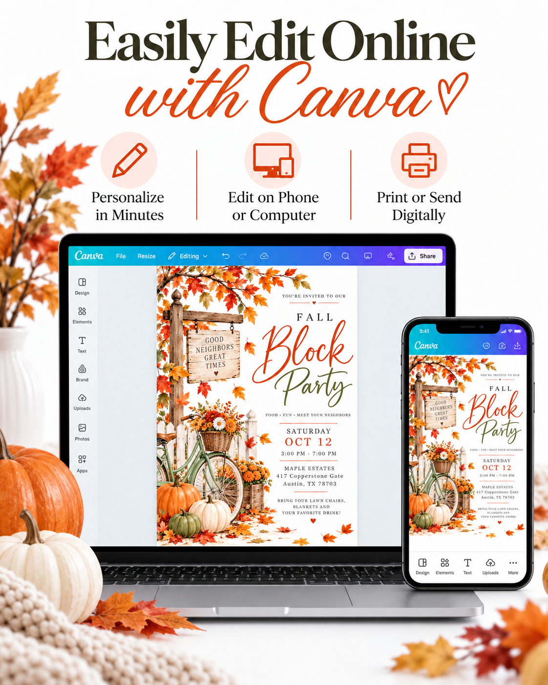 Fall block party invitation with orange autumn leaves, pumpkins, a green bicycle with a flower basket, white picket fence, and rustic Good Neighbors Great Times sign