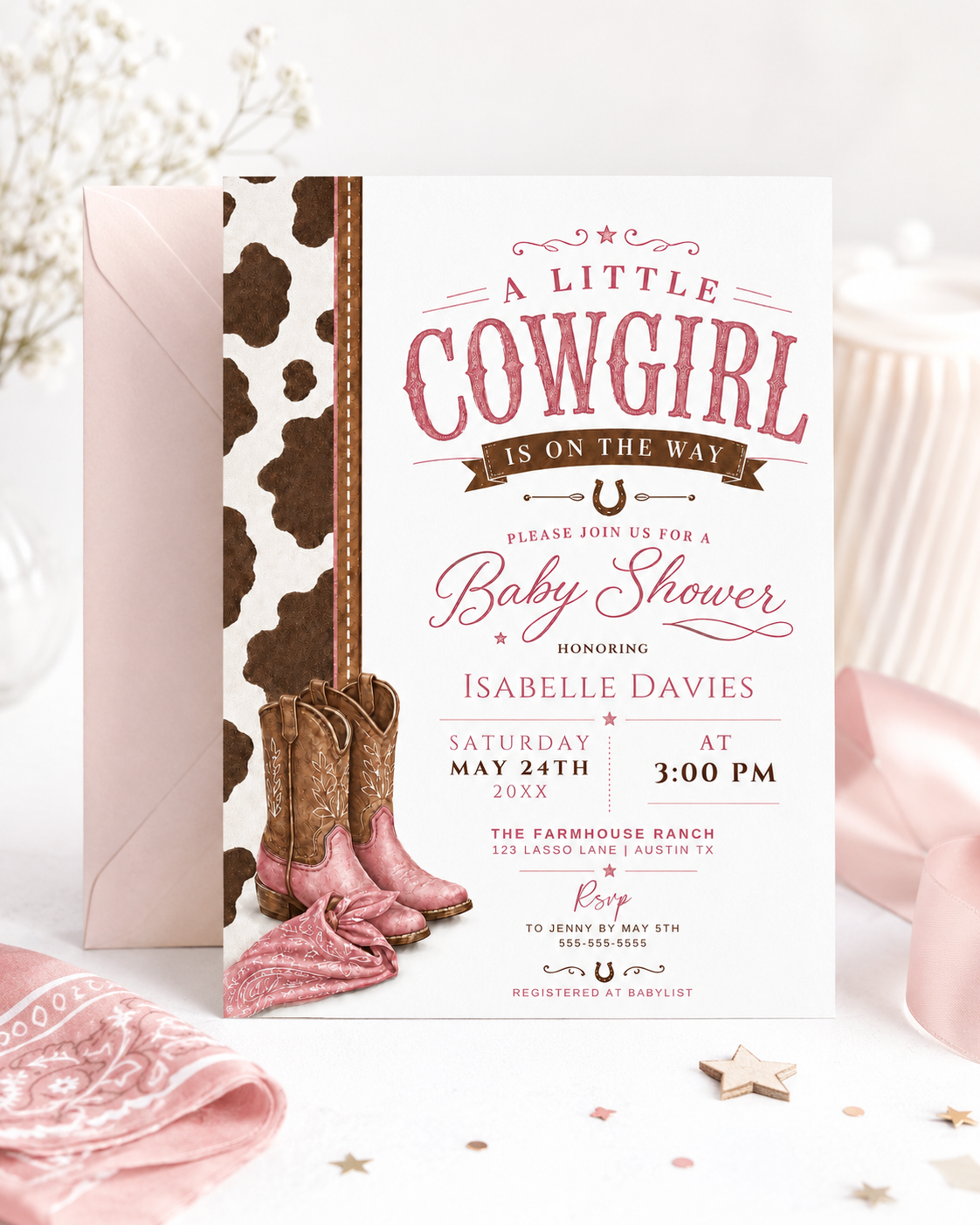 Little cowgirl baby shower invitation featuring pink cowboy boots, a pink bandana, brown cow-print border, horseshoes and western details.
