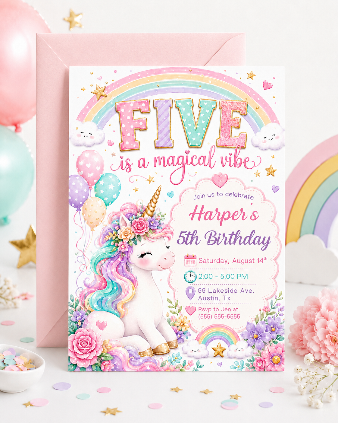 Unicorn fifth birthday invitation featuring a pastel rainbow, smiling clouds, balloons, gold stars, colourful flowers and a floral unicorn.
