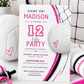 Volleyball girl birthday invitation with a volleyball and net in bold pink, black, and white
