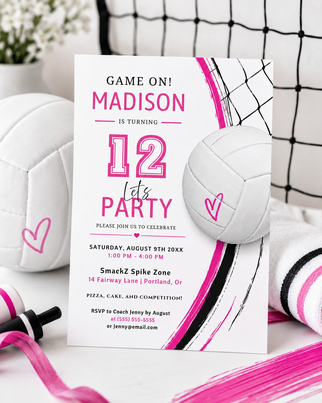 Volleyball girl birthday invitation with a volleyball and net in bold pink, black, and white