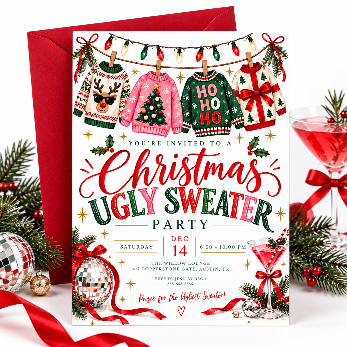 Ugly sweater party invitation with four Christmas sweaters hanging beneath string lights, a reindeer wearing sunglasses, disco ornaments, red bows, and a pink cocktail