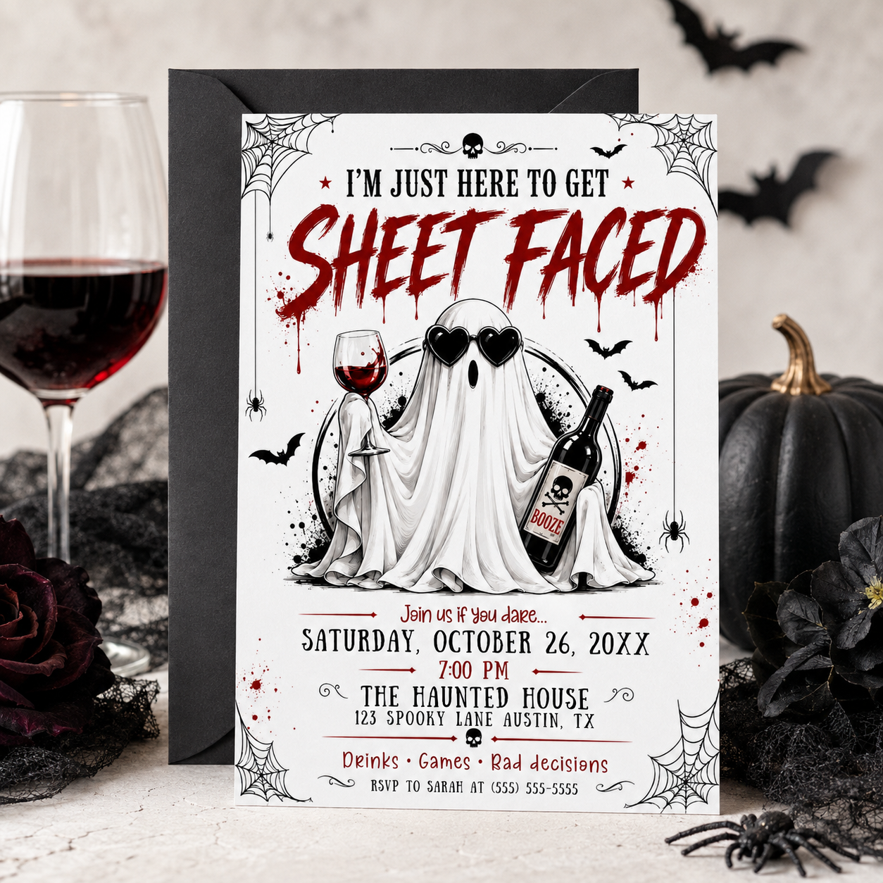 Sheet Faced Halloween party invitation with wine-drinking ghost, heart sunglasses, bats, spiders, skulls, and funny adult Halloween party details