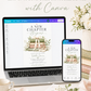 Editable a new chapter baby shower invitation Canva template with stacked vintage hardcover books tied with cream bow, baby shoes, white ranunculus, baby's breath, and botanical greenery on a white background