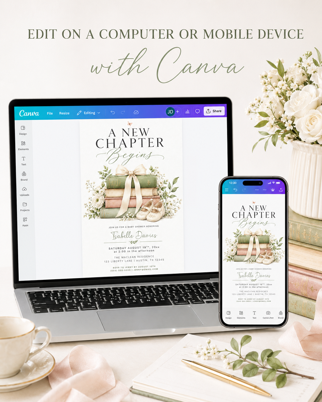 Editable a new chapter baby shower invitation Canva template with stacked vintage hardcover books tied with cream bow, baby shoes, white ranunculus, baby's breath, and botanical greenery on a white background