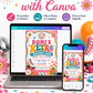 Retro birthday invitation with roller skate, disco ball, smiley flowers, checkerboard accents, colorful waves, stars, and bright pink teal orange party details
