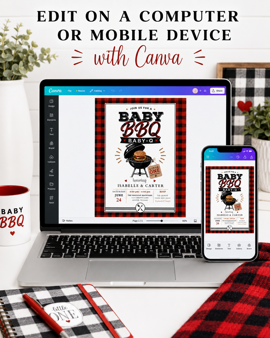 Buffalo plaid BBQ baby shower invitation with a grill and burger in red, black, and white
