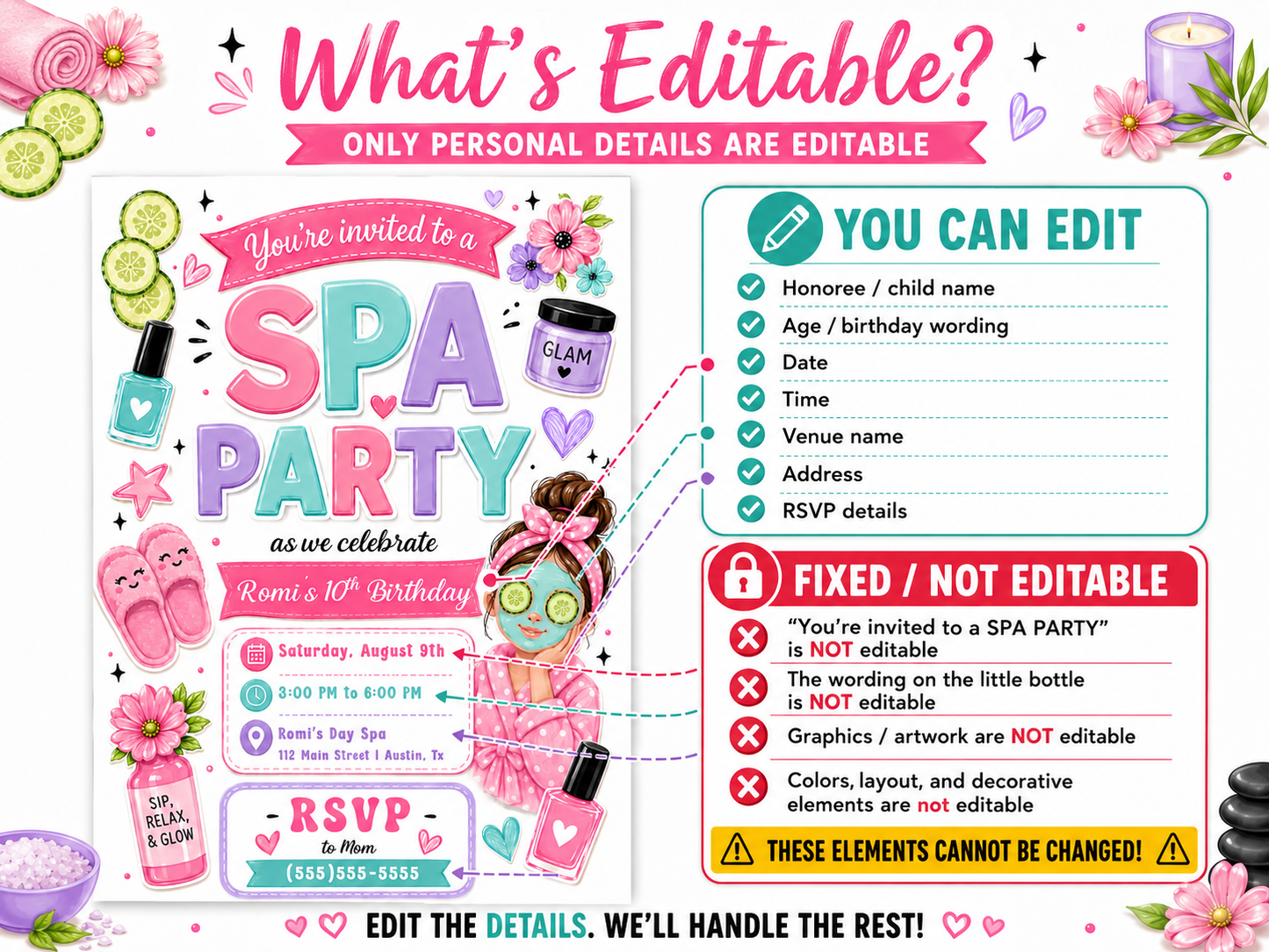 Girls spa birthday invitation featuring a pink robe, face mask, cucumber eye pads, nail polish, slippers, flowers and spa party graphics.
