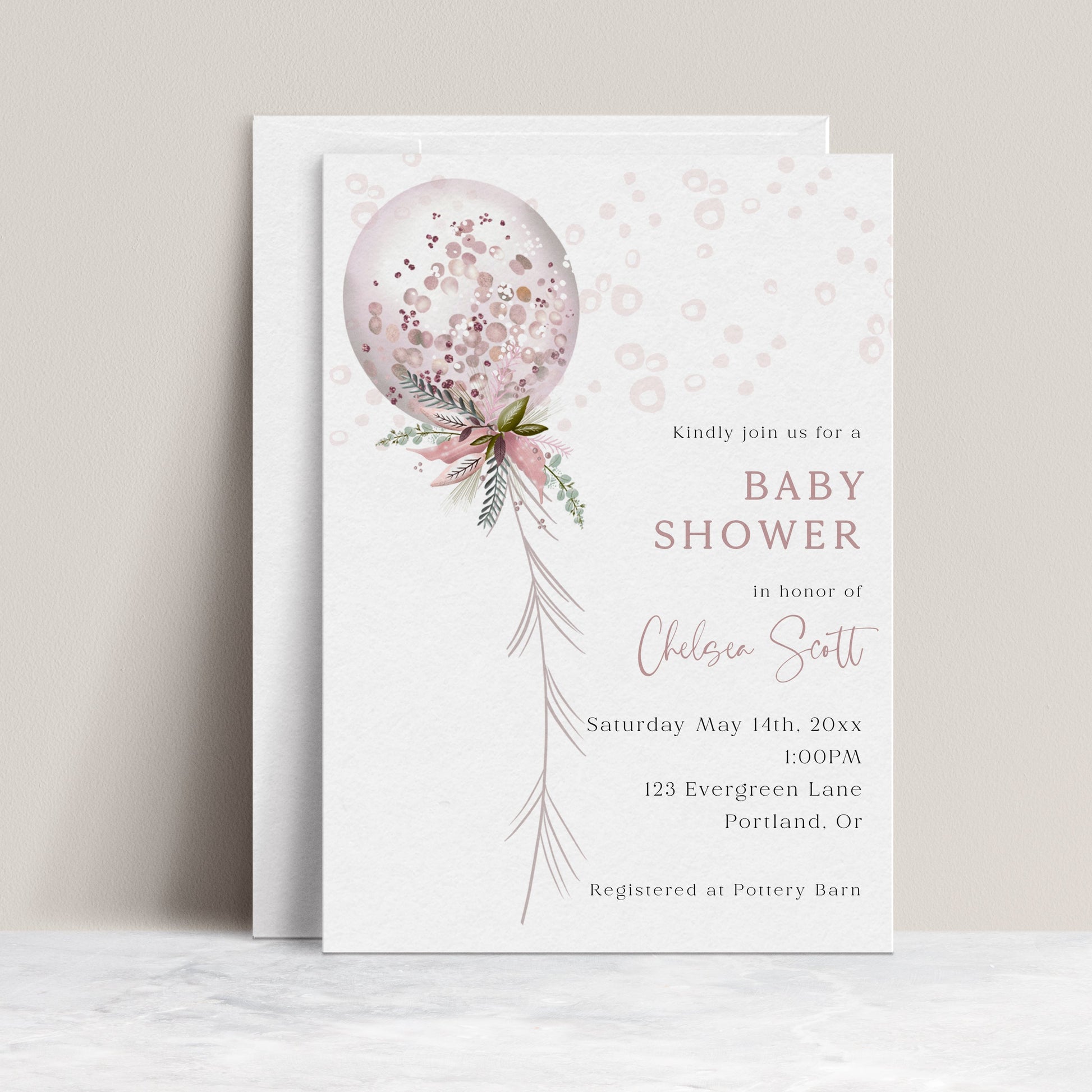 Editable baby shower invitation with pink balloon and floral greenery, personalized online with Corjl | www.foreveryourprints.com